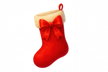 Red christmas stocking design with white fur cuff and festive ribbon bow, symbolizing holiday traditions and celebration