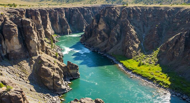 Dramatic canyon landscape with river flowing through steep rock walls