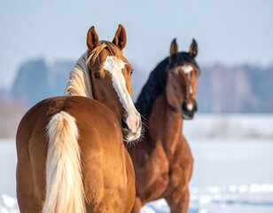 Fototapeta premium Two horses in winter scenery