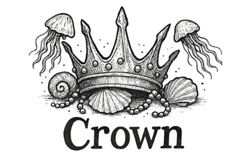 Lost Sea Crown. Hand-drawn lost crown with shells, pearls, and jellyfish, center word “Crown” in black and white isolated