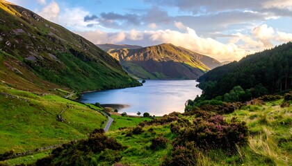 Naklejka premium Serene lake nestled in a valley surrounded by lush greenery and rolling hills under a vibrant sky.