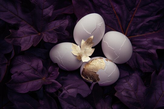 Four cracked eggs, subtly gilded, rest on a bed of deep purple leaves; a single gold leaf adds a touch of elegance