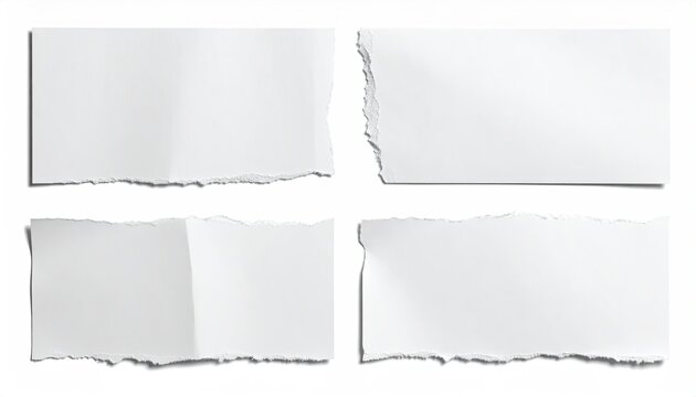 Four pieces of white paper, torn at the edges, are arranged in a grid against a white background.  They show various folds and creases, suggesting a handmade or distressed aesthetic