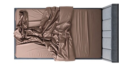 Top view of a bed with draped brown bedding