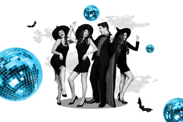 Composite trend collage of halloween autumn season spooky creepy party group young lady witch man vampire dance discoball retro clubbing