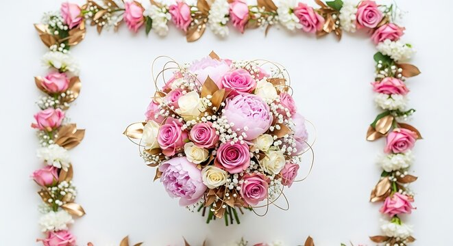 Beautiful wedding bouquet of pink and white roses with a floral frame on a white background flat lay. - Powered by Adobe