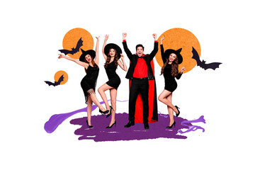 Composite photo collage of happy girls witches guy dracula halloween party celebration gathering...
