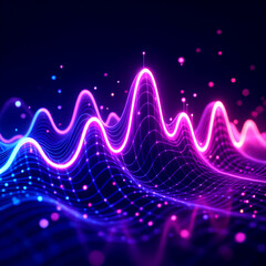 “Futuristic Neon 3D Waveform with Glowing Pink and Blue Gradient Lines, Particle Grid Mesh, and Abstract Digital Energy on a Dark Blue Background”