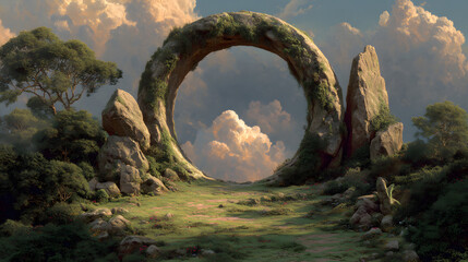 Fototapeta premium Magic Stone Portal Gate with a Glowing Light in a Surreal Fantasy Forest Landscape Scene
