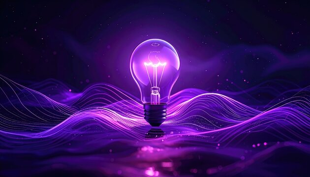 Glowing lightbulb rests on vibrant purple energy waves against a dark background.  The bulb emits a bright inner light