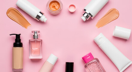 Obraz premium Flat lay of cosmetic products and foundation smears on pink background. Skincare bottles, perfume, cream jars