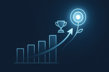 Glowing bar chart with trophy and arrow reaching target symbolizing success 
