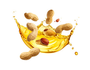 Realistic Peanut Oil Splash with Flying Peanuts, Transparent Background