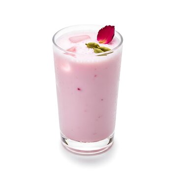 Refreshing rose lassi drink garnished with petals and nuts in a tall glass