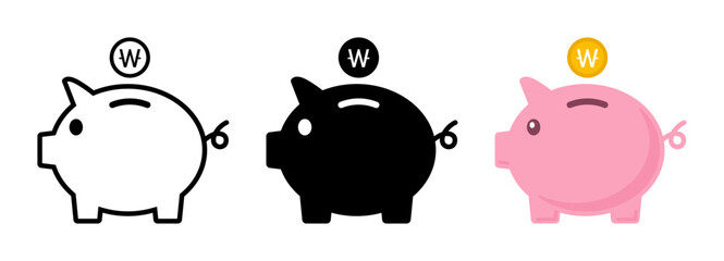 Piggy bank with Won coin South Korean currency money icon saving, investment, finance, budgeting vector illustration.