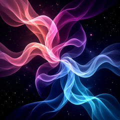 “Mesmerizing Abstract Smoke Tendrils in Vibrant Gradient Colors of Red, Pink, Purple, and Blue Twisting Across a Dark Cosmic Background with Star Particles”