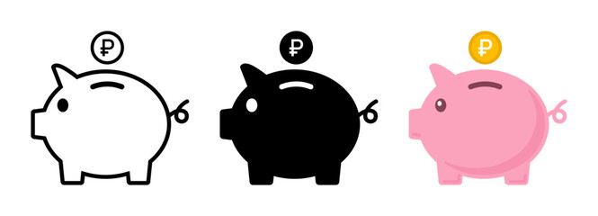 Piggy bank with Ruble coin Russian currency money icon saving, investment, finance, budgeting vector illustration.	