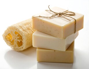 Natural loofah sponge and handmade soaps arranged on a plain white surface, showcasing a soft, gentle, and spa-like presentation.