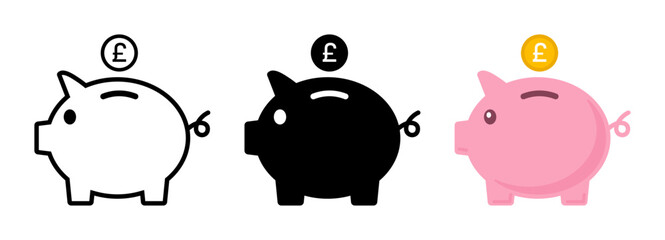 Piggy bank with Pound coin United Kingdom currency money icon saving, investment, finance, budgeting vector illustration.	