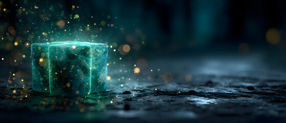Magic Glowing Box of Crystal with a Sparkling Light on a Dark Ground for a Fantasy