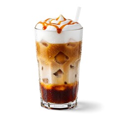 Delicious iced caramel macchiato coffee beverage with whipped cream and caramel drizzle