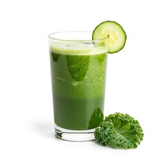Refreshing green juice with cucumber slice and kale healthy beverage