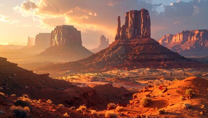 A breathtaking vista of Monument Valley at sunrise, showcasing towering buttes and a golden, warm light.