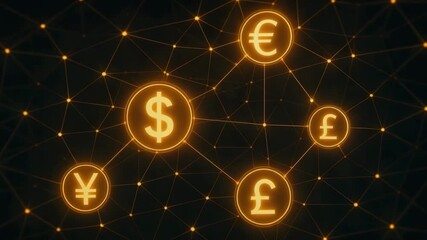 Abstract representation of global currency networks with illuminated symbols, showcasing financial connectivity and digital economy. - Powered by Adobe