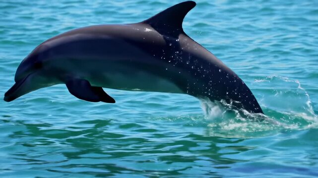 Jumping dolphin leaps from ocean waves, turquoise sea background. Suitable for wildlife, travel, and conservation materials