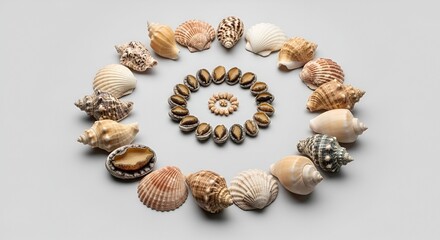 Fototapeta premium Creative spiral arrangement of seashells on neutral background.