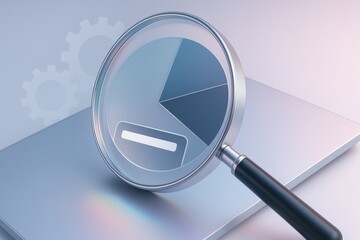 Magnifying glass on pie chart with gear shapes symbolizing analytics and process 
