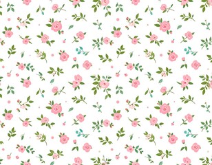 Delicate, repeating pattern of small pink roses, green leaves, and stems on a white background.
