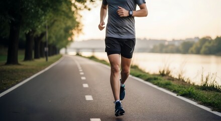 Athletic man running on outdoor path by river during morning workout  