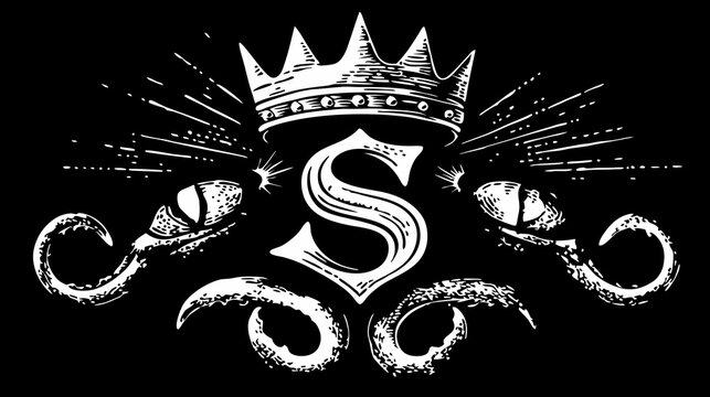 Ornate vintage gothic emblem featuring a regal crown, stylized letter S, and intertwining mysterious serpents in a striking black and white illustration.