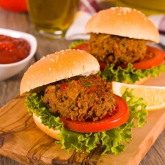 Two veggie burgers on buns, with toppings