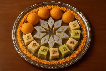 Festive silver platter of Diwali sweets and marigold petals