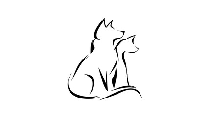 Minimalist line art illustration of a dog and a cat sitting together, symbolizing pet companionship and friendship. Simple vector graphic.