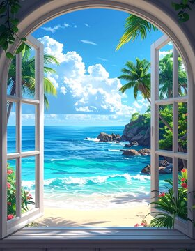 Tropical beach view through an arched window