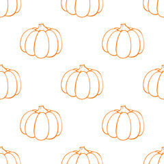 Seamless pattern of orange outline pumpkins on white
