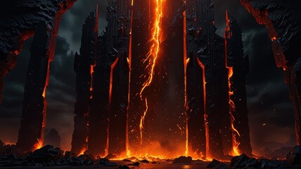 Massive Black Obsidian Gate Surface with Fiery Edges and Dripping Lava Threads, Epic Fantasy Background