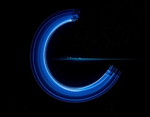 A captivating circular design, composed of vibrant blue light trails, creates an ethereal and mysterious mood against a dark background.