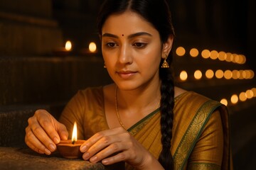 Indian woman placing diya on temple steps during Diwali celebration