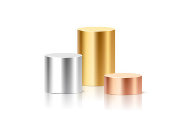 Metallic cylinder podium columns in silver, gold, and bronze colors. 3D cylindrical pedestal pillars for ranking, product display, award ceremony. Realistic vector illustration.