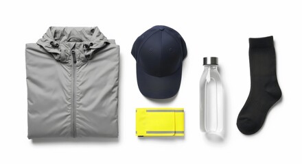 A weather-ready walking kit flat lay with essential gear. Includes a windbreaker, cap, water bottle, and safety reflector. Active lifestyle and preparation concept