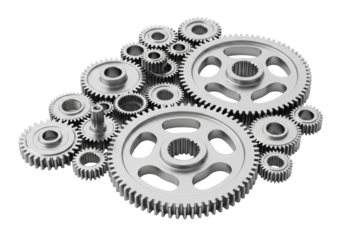 Interlocked metallic gears of varying sizes, polished silver-toned, on a pristine transparent studio background with soft shadows, concept of mechanical precision and engineering excellence
