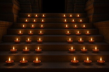 Temple steps symmetrically lined with glowing diya lamps for Diwali night