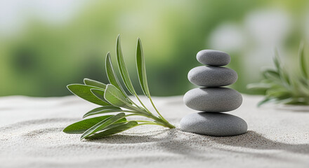 Natural Harmony: Sage Twig and Pebble Rocks on Sand - Serene Botanical Background 