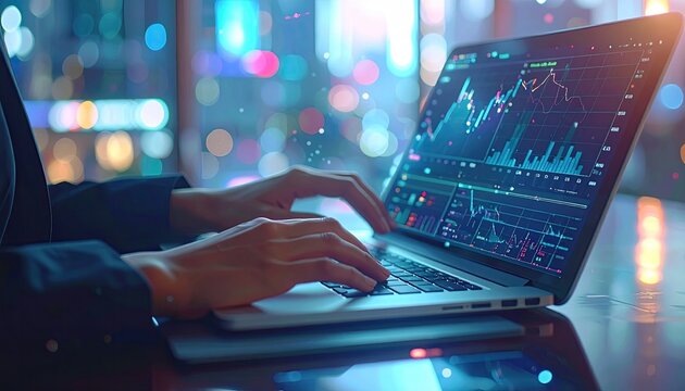 Trader analyzing charts on laptop in a city at night. Financial analysis stock - Powered by Adobe