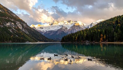 A serene alpine lake reflects snow-capped mountains under a dramatic sky, with ducks gracefully gliding on the placid water.