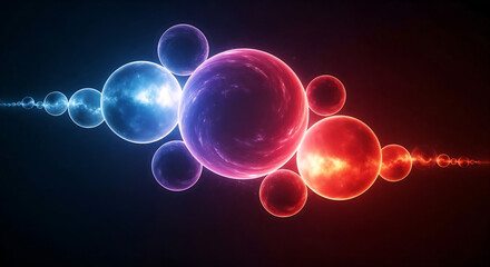 Abstract glowing molecules like a planets connected in red and blue.
